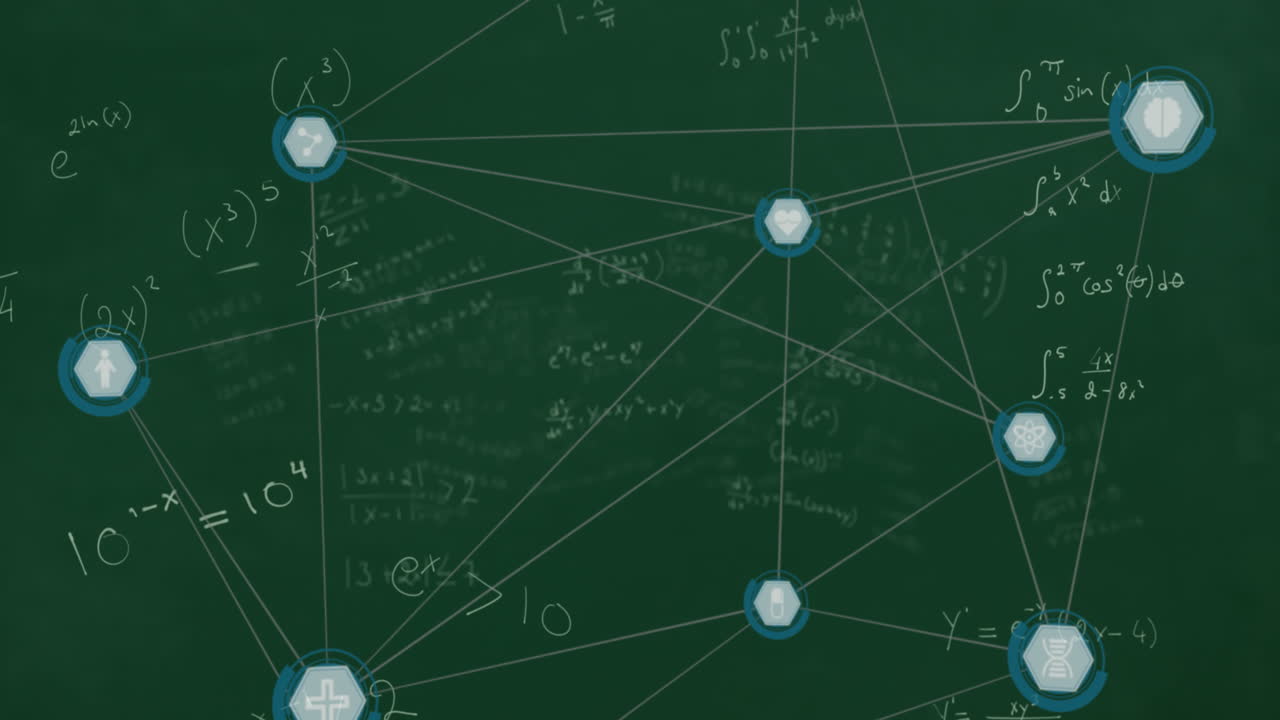 녹색 배경에 수학 방정식 위에 아이콘으로 연결 네트워크의 애니메이션