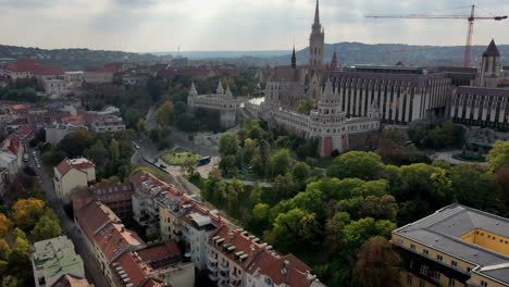 Aerial-view-of-Budapest,-Fisherman's-bastion,-in-summer