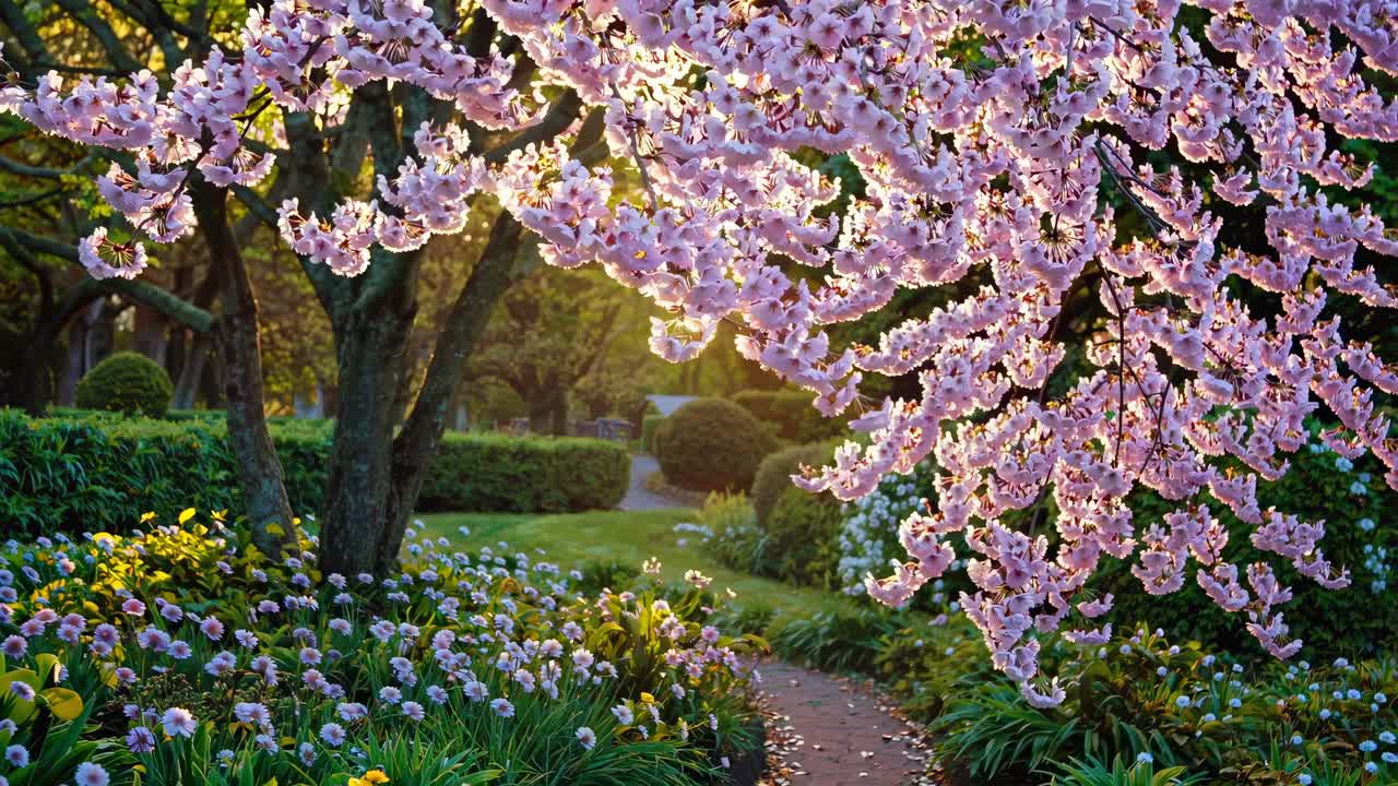 A serene garden path with blooming cherry blossoms, captured at eye level