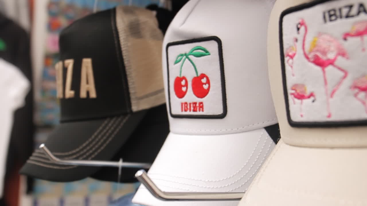 Selection of Ibiza-themed hats on display