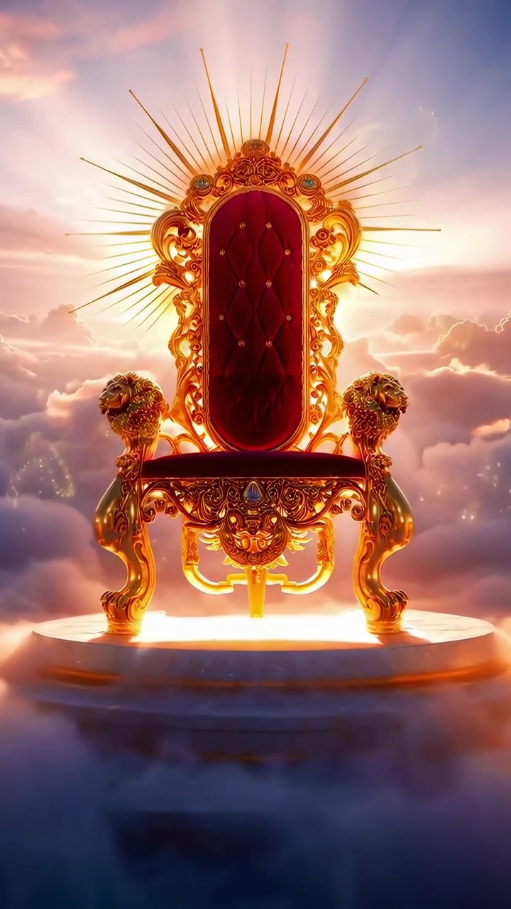 Ornate Golden Throne Floating Above Clouds at Sunset