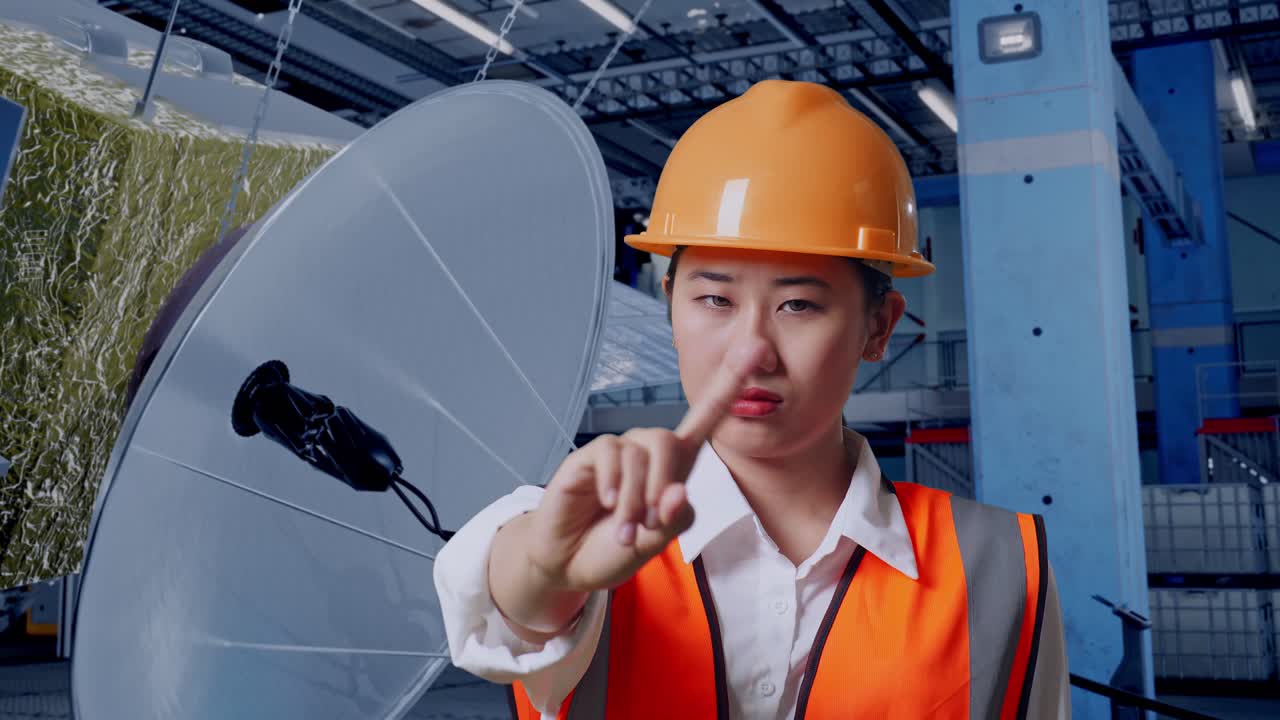 공장에서 정지 표지판을 주는 여성 엔지니어