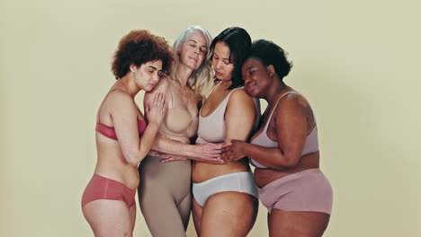Body-positivity,-lingerie-group-and-women-hug