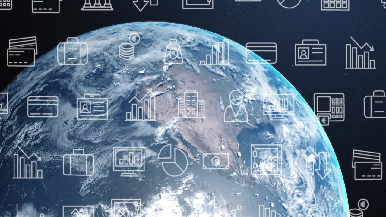 어두운 배경에서 전 세계에 걸쳐 비즈니스 아이콘과 디지털 데이터 처리의 애니메이션