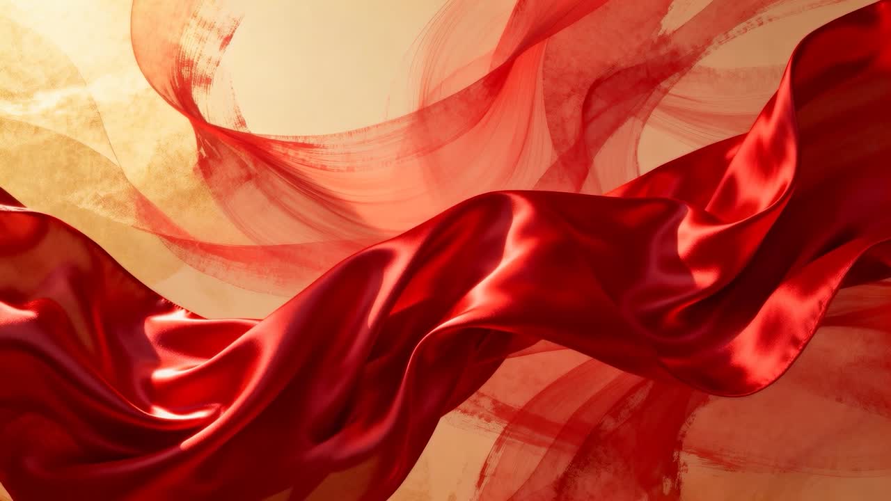 Avvio della riproduzione, nastro di raso rosso lucido e ondulato che si avvolge a destra su uno sfondo caldo con riflessi