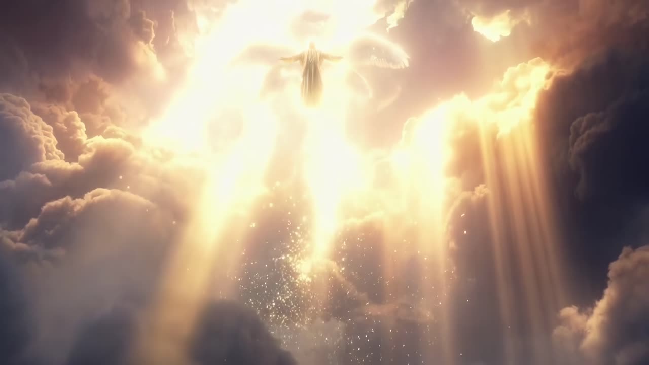 Eterea figura angelica che ascende attraverso le nuvole, ripresa da un'angolazione bassa in un video cinematografico.