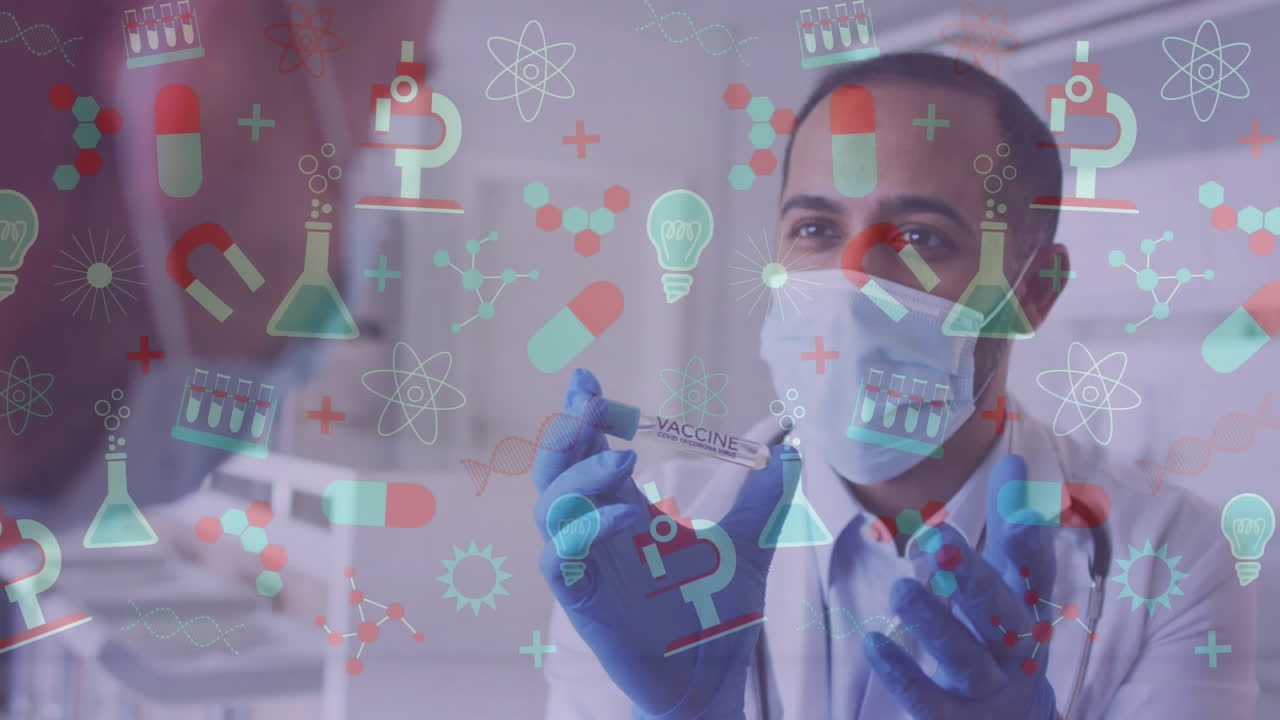 animación de iconos médicos sobre un médico masculino con máscara facial que muestra la vacuna contra la covid al paciente