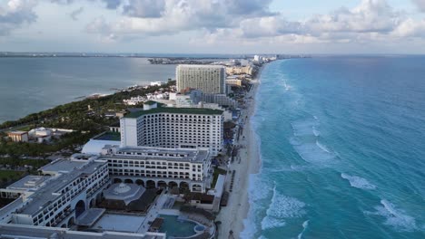 evening aerial flight over sand spit hotel zone at cancun, mexico