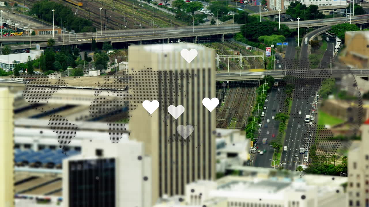 미디어 아이콘과 도시 풍경 위의 세계 지도의 애니메이션