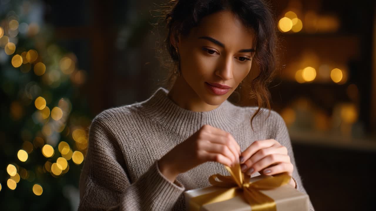 Catturata dalla Sorpresa: Una Donna Scarta Delicatamente un Regalo con Attesa in un Ambiente Accogliente e Festivo, Pieno di Luci Calde e un'Atmosfera Gioiosa.