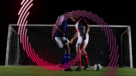 animación de la espiral de la línea roja que gira sobre dos jugadores de fútbol masculino durante el partido