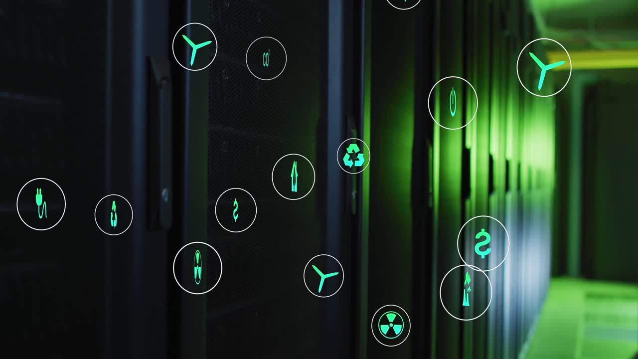 Animation of icons in circles floating over data server racks in server room
