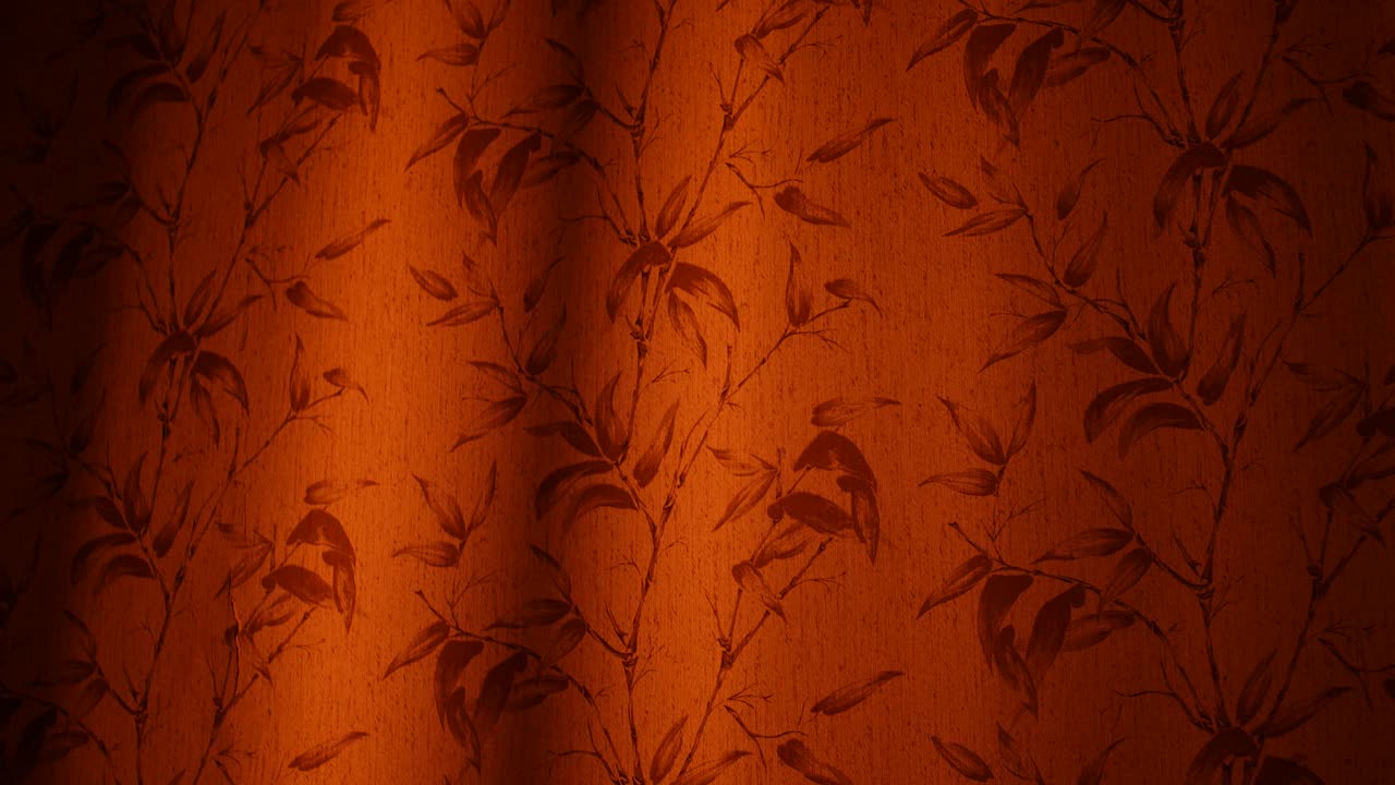 Soft curtain shadows move across a vintage-patterned wall in warm, moody lighting