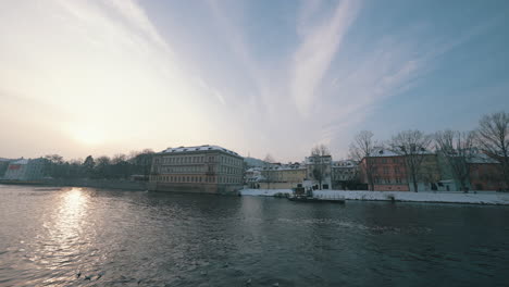 kampa island in prague covered with snow in winter