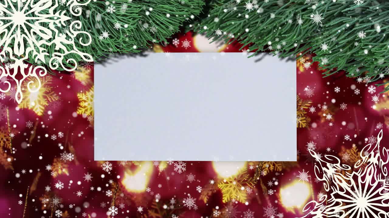 fondo de bucle sin costuras con ramas de abeto, copos de nieve. vista superior con letra y espacio de copia