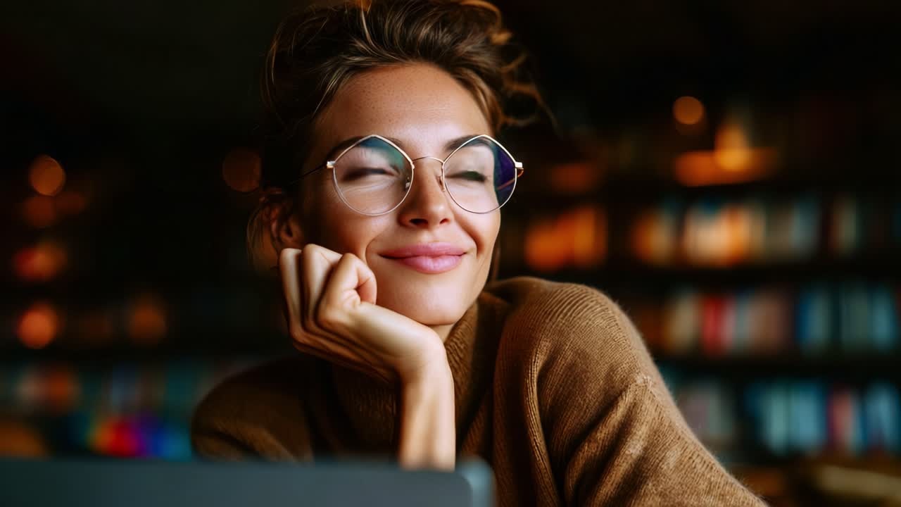A thoughtful young woman smiles while contemplating her ideas, captured in a cozy setting filled with warm light and shelves of books that foster inspiration and creativity