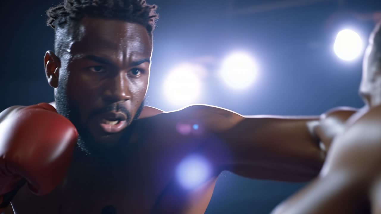 Intenso incontro di boxe: Un primo piano di un pugile concentrato sul suo avversario, pronto a colpire.