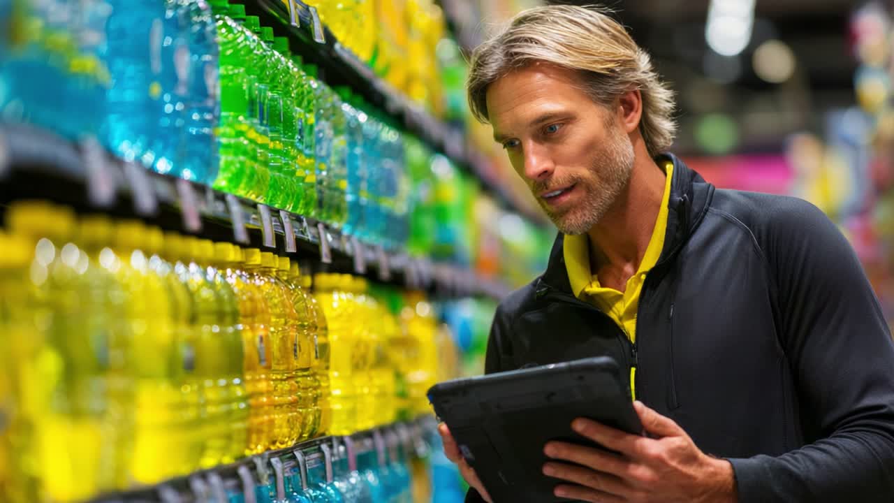 Soustředěný jedinec analyzuje možnosti produktu a drží tablet, obklopený živou expozicí barevných nápojů v lahvích v maloobchodním prostředí