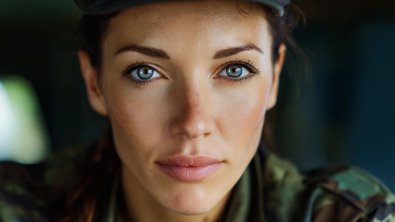 A Determined Woman in Military Attire: Close-Up Portrait Capturing Strength and Resolve of a Female Soldier with Striking Blue Eyes and Confident Expression, Highlighting Her Commitment to Service