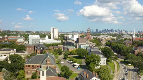 aerial pedestal up reveals cambridge, massachusetts with boston skyline in background