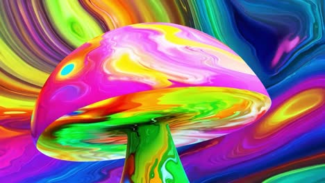 colorful psychedelic mushroom is slowly rotating on itself, with a morphing background of bright colorful abstract waves