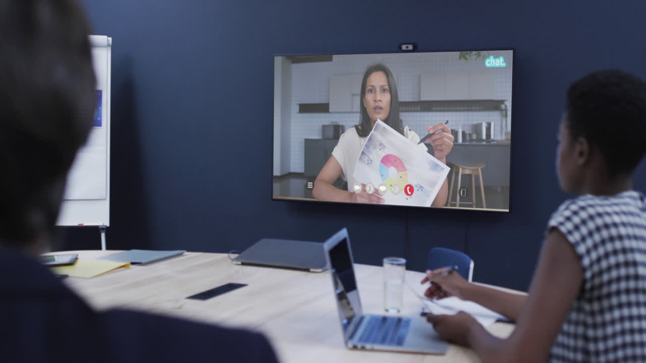 Diverse business poeple on video call with caucasian female colleague on screen