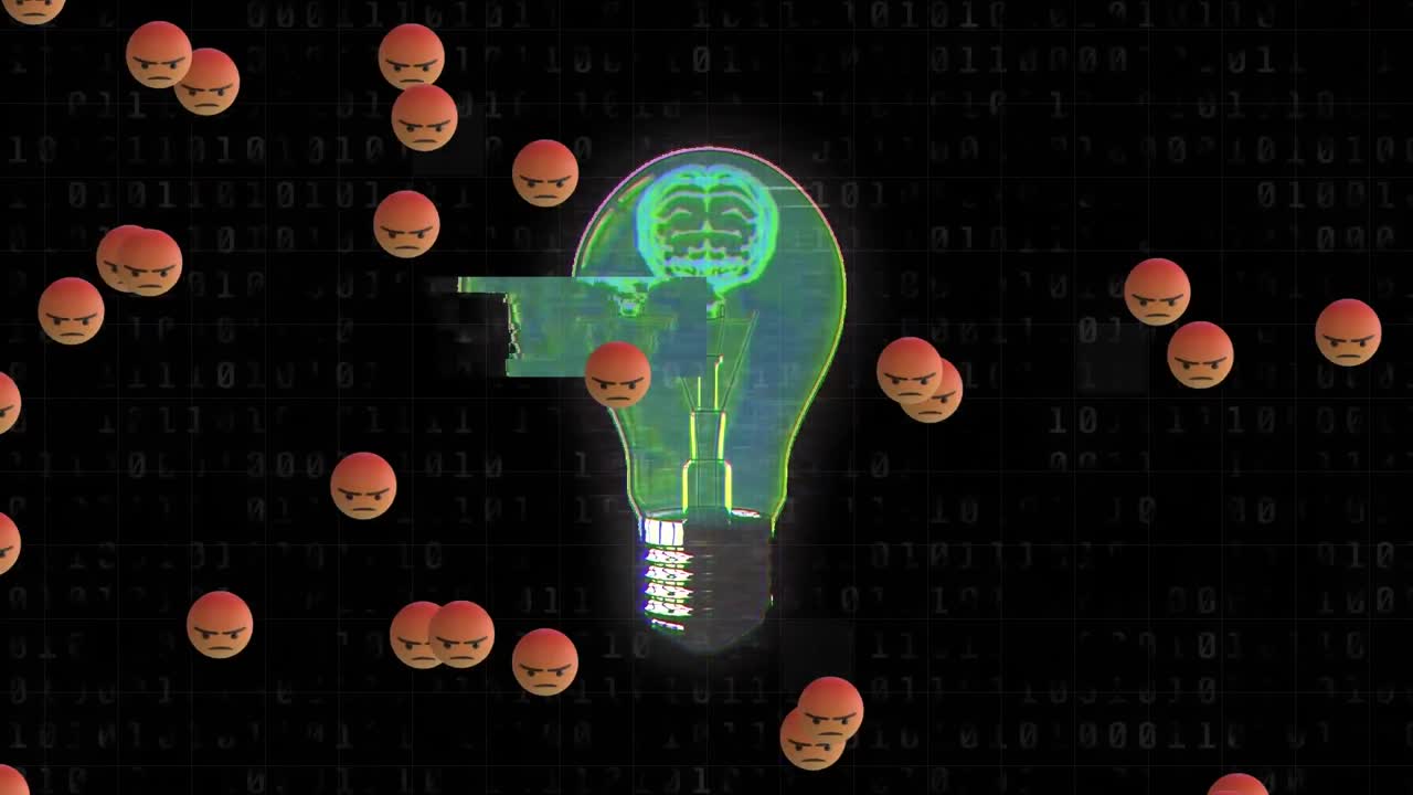 Digital animation of multiple angry face emojis against human brain inside light bulb