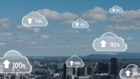 Animation-of-cloud-icon-with-percentage-and-city-in-background