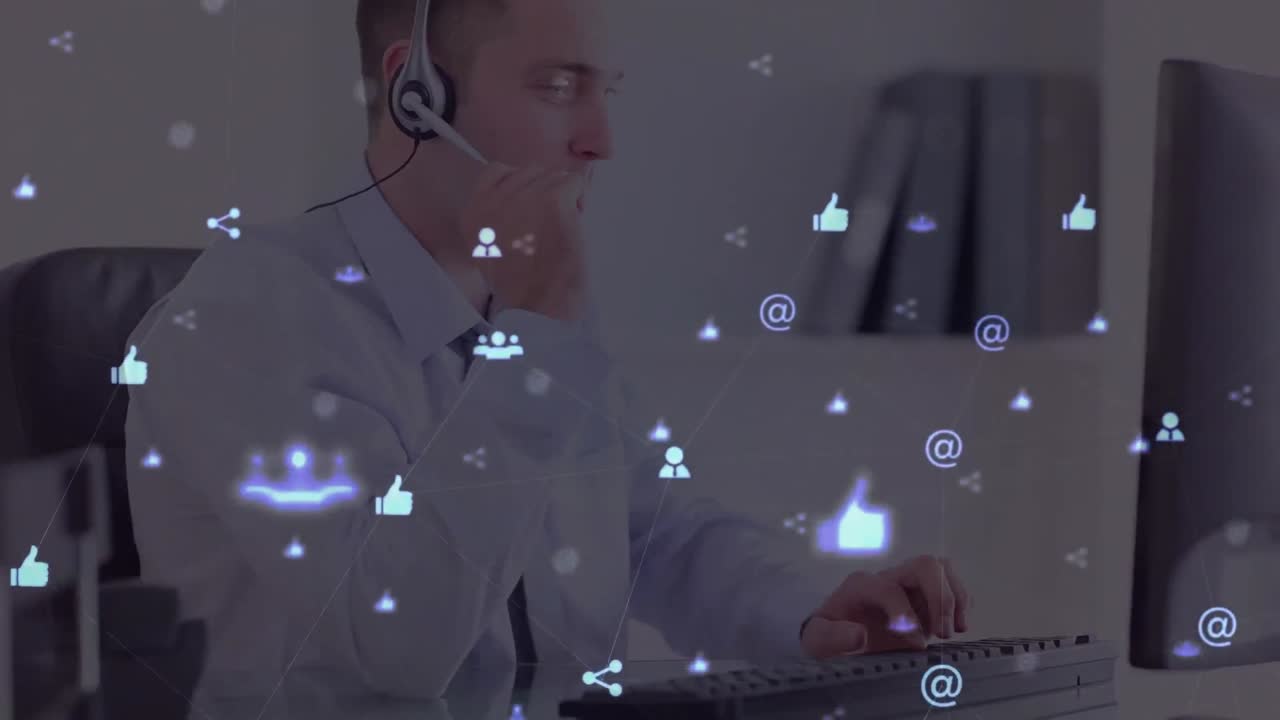 animación de la red de conexiones e iconos sobre un hombre de negocios con auriculares