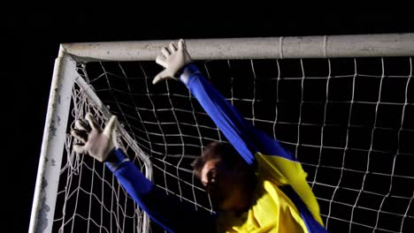 soccer ball in goal post against goalkeeper 4k