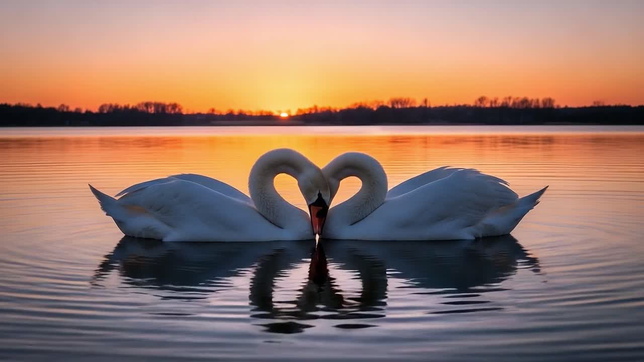 Two Elegant Swans Forming a Heart Shape at Sunset, Reflecting Love and Serenity on Calm Waters, Capturing Romantic Moments in Nature's Embrace
