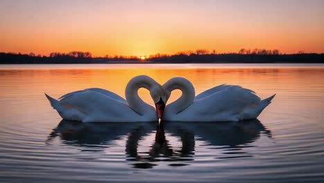 two elegant swans forming a heart shape at sunset, reflecting love and serenity on calm waters, capturing romantic moments in nature's embrace