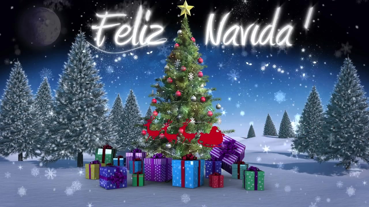 Animasi salju turun dan teks Feliz Navidad di atas pohon Natal dan pemandangan musim dingin