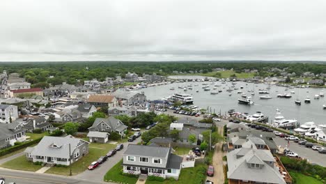 drone shot of downtown homes and the marina in oak bluffs, massachusetts