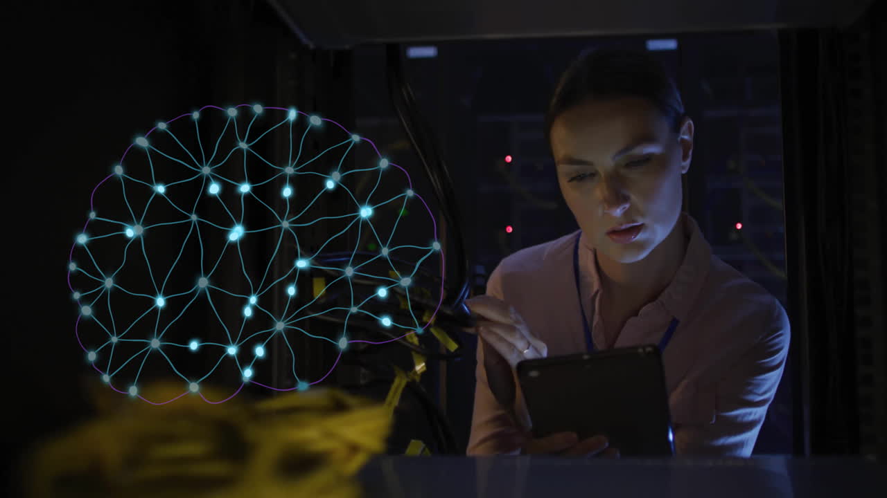 animación de una red cerebral y una mujer de negocios caucásica usando una tableta sobre un fondo oscuro