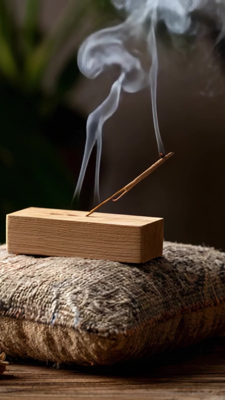 Un momento de tranquilidad capturado: Una varita de incienso emitiendo humo etéreo, descansando sobre un cómodo cojín texturizado, perfecto para meditación y relajación