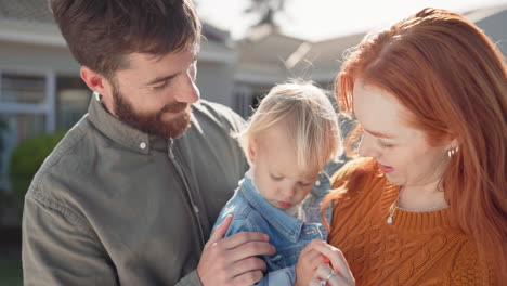 parents, infant baby and home backyard with care