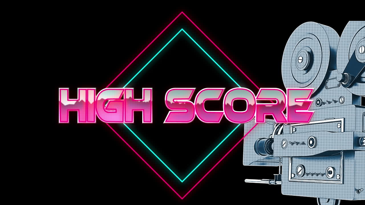 검은 바탕에 있는 필름 카메라 위에 높은 점수 텍스트의 애니메이션