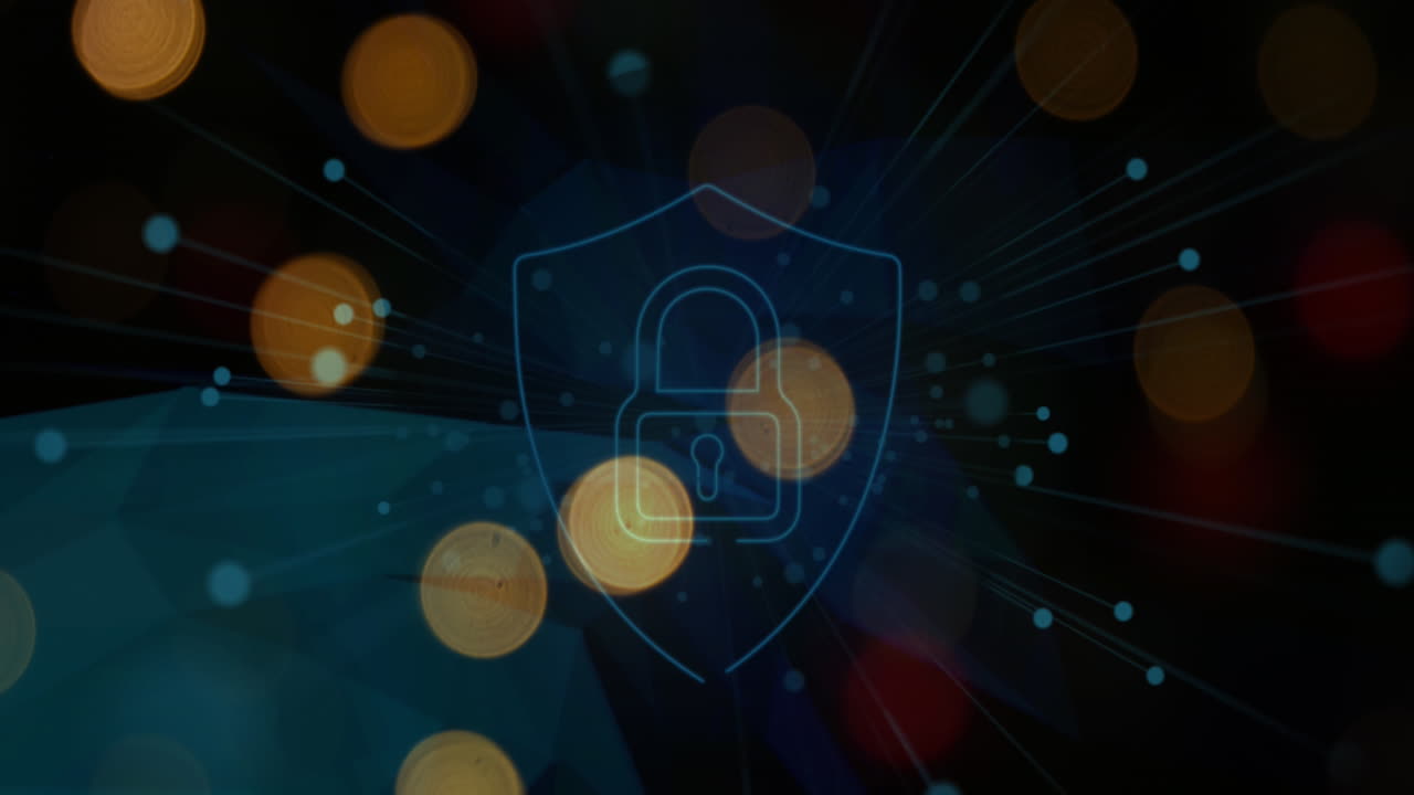 animatie van hangslot en schild icoon met lens flares over oma smith appel en meetband