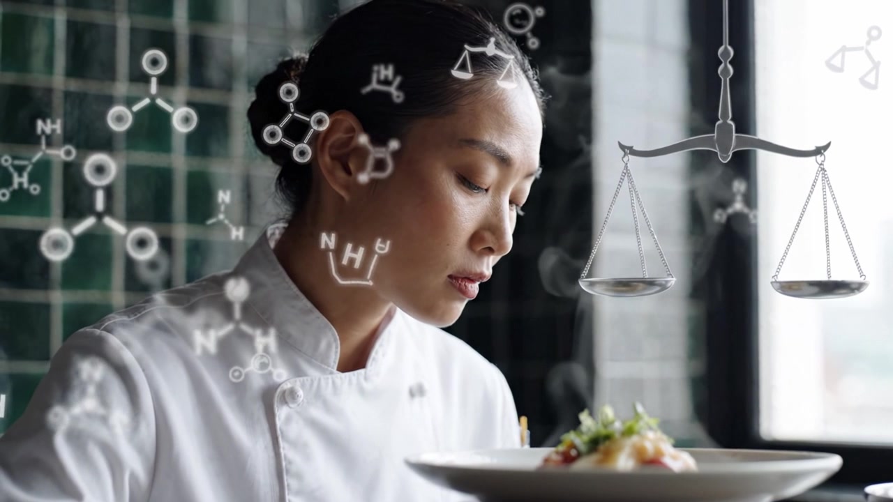 Uno chef concentrato che osserva attentamente i dettagli intricati di un piatto splendidamente impiattato, mostrando l'arte della presentazione culinaria e la passione per la cucina.