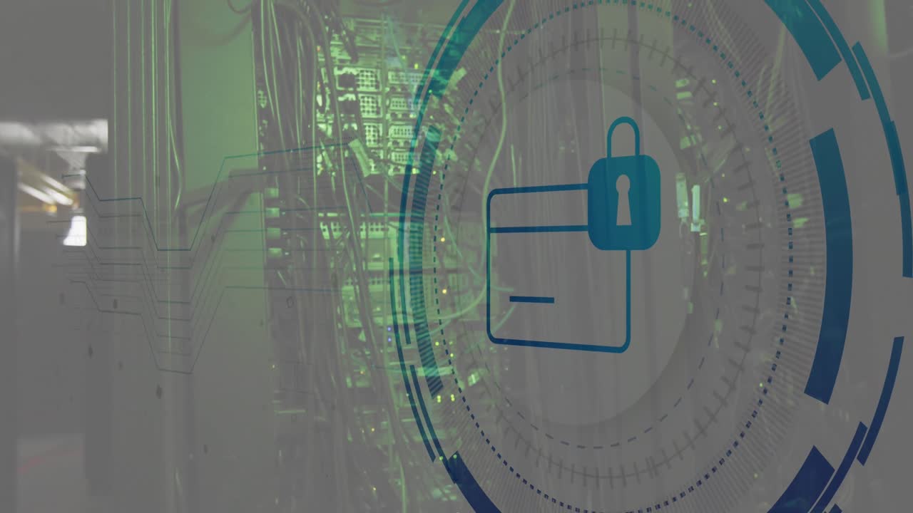 animación del bloqueo y el icono de la tarjeta en círculo a través de sistemas de servidor de red