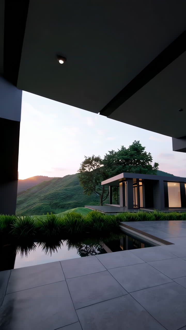 Modern House Exterior with Pool at Dusk | Premium Stock Video Footage
