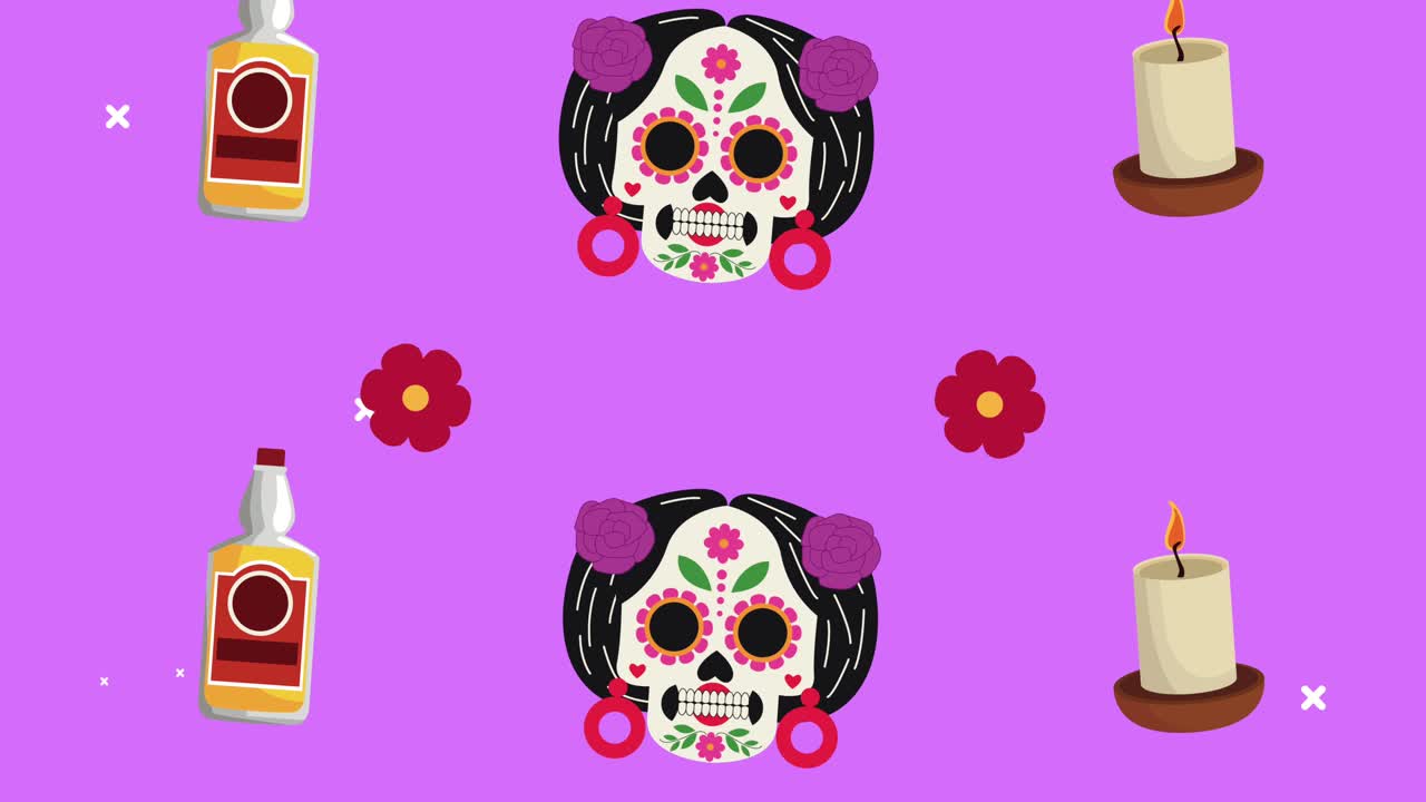 dia de los muertos celebration with katrina skulls and tequila