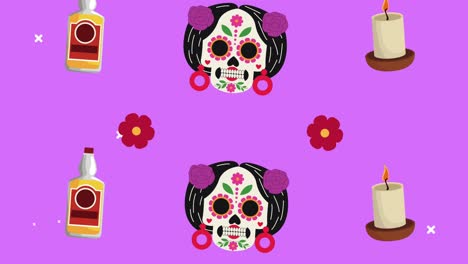celebración del día de los muertos con calaveras de katrina y tequila