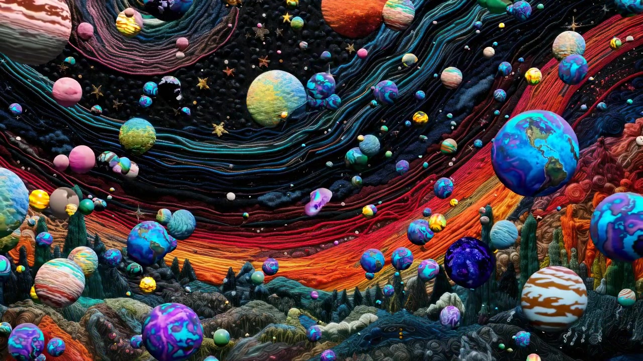 Animated Abstract Universe with Colorful Planets and Textured Landscape