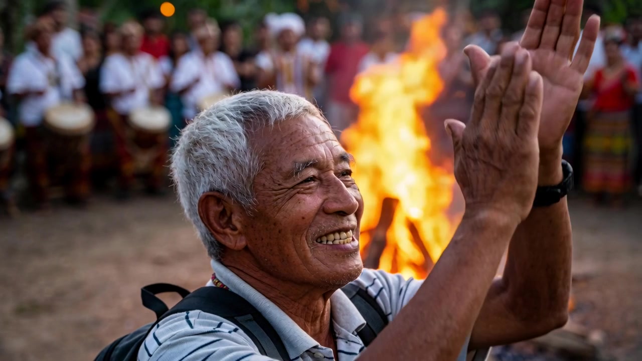 Clapping senior Asian man raising arms as bonfire flare causing group joining ceremony with drums