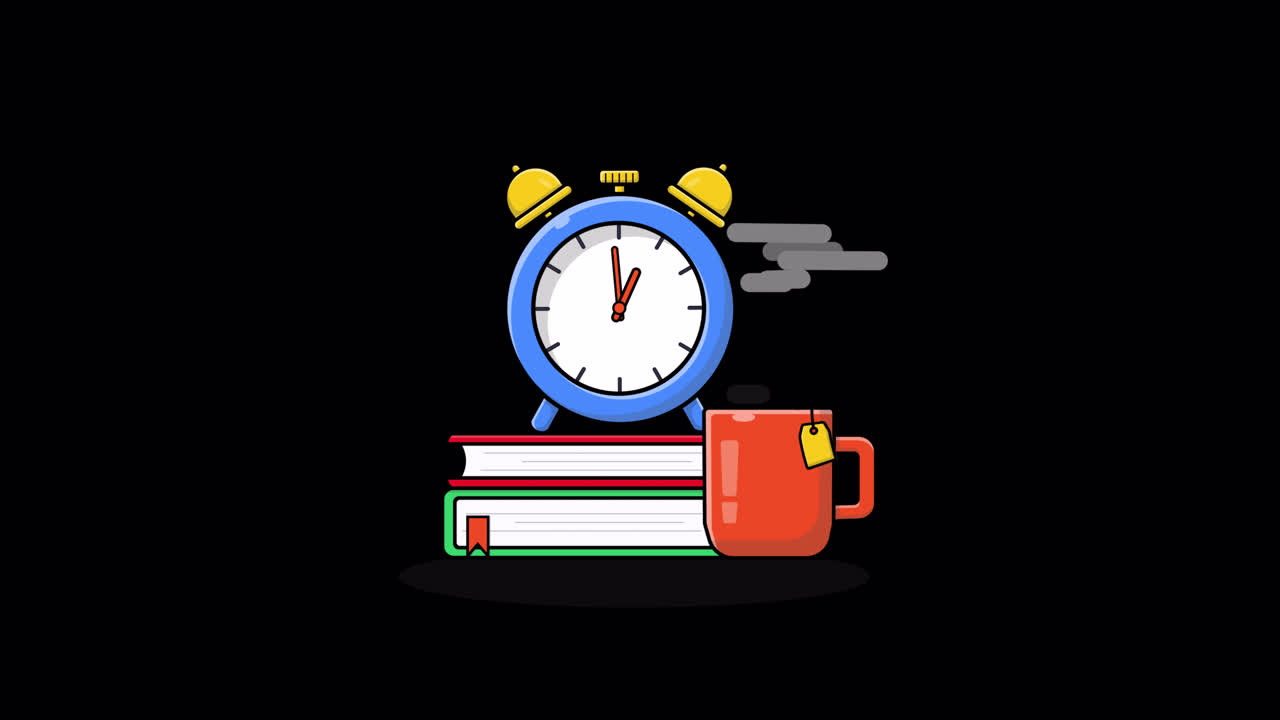 Cartoon Animation of Books, Alarm Clock, and Steaming Tea