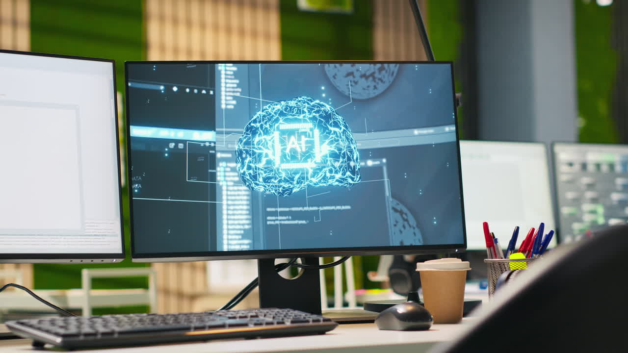 Pc In Empty It Startup Office Displaying Artificial Intelligence Code