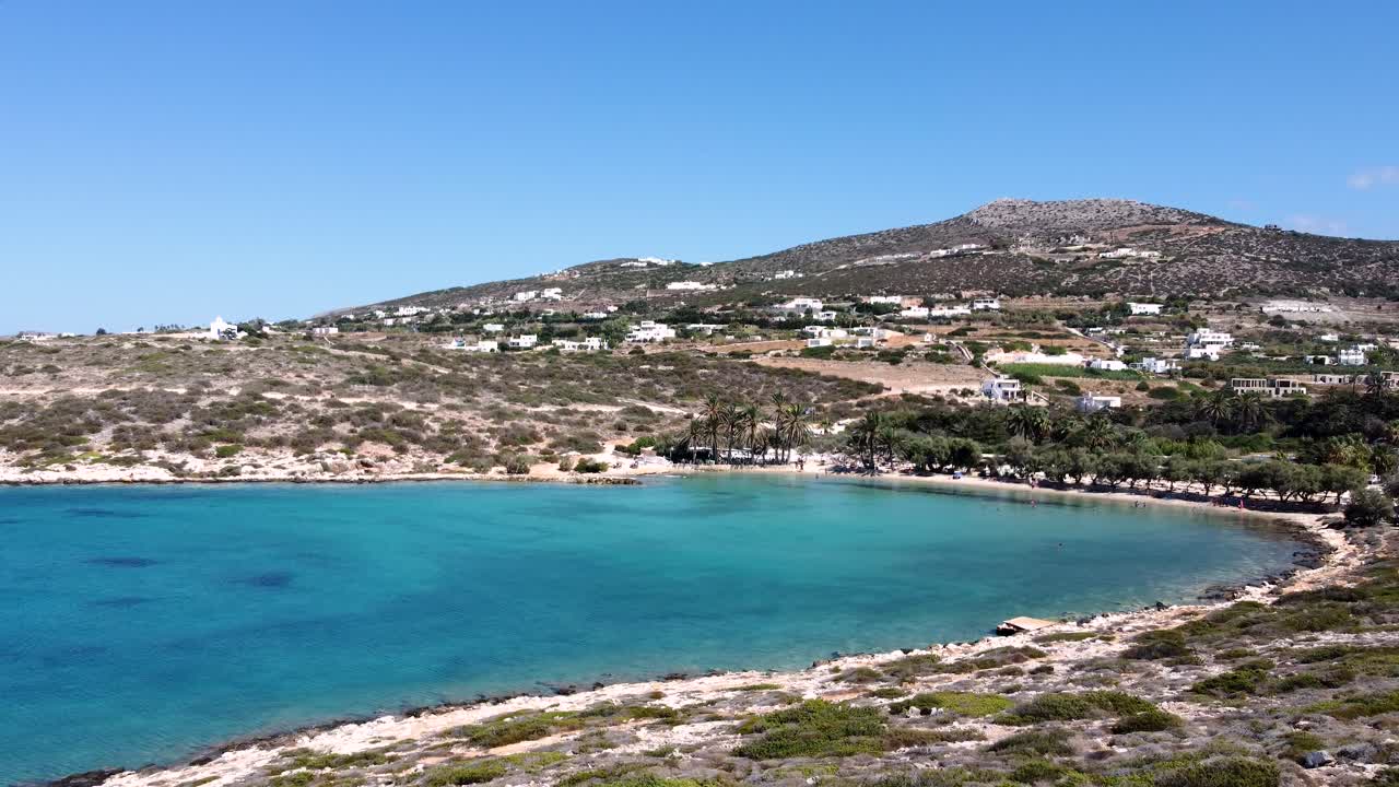 Aerial Orbit View of Idyllic Agia Irini Beach Bay, Paros
