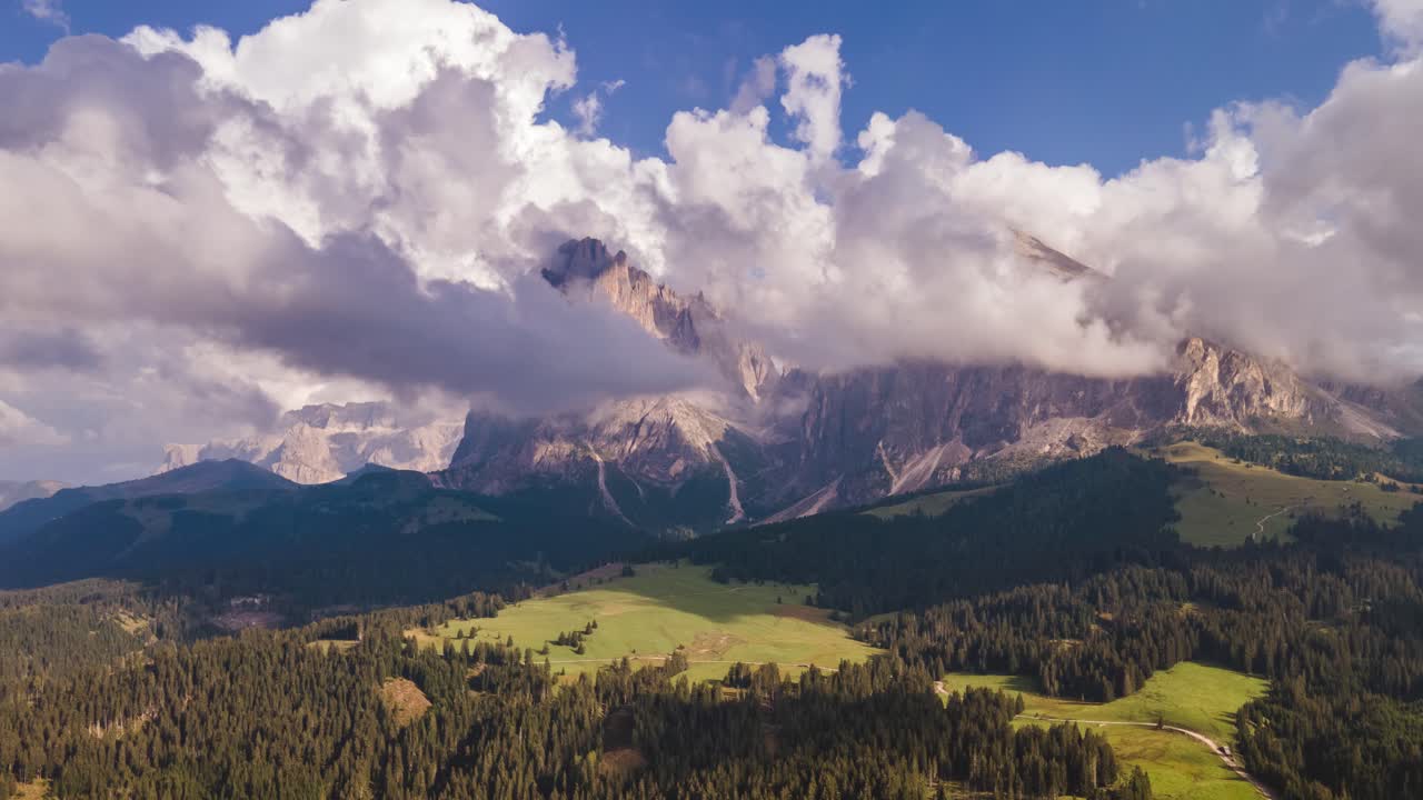 Hyperlapse of clouds at Plattkofel and Langkoffel in the Dolomites in Alto Adige - South Tyrol